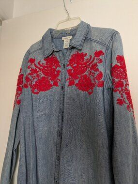 Sundance Women'sRed Floral Embroidered Denim Button Shirt Top XS